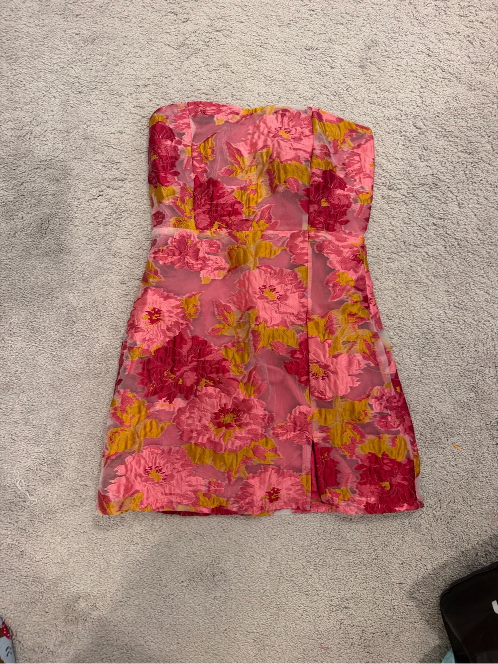 Strapless Floral Mini Dress in Pink, Magenta & Mustard